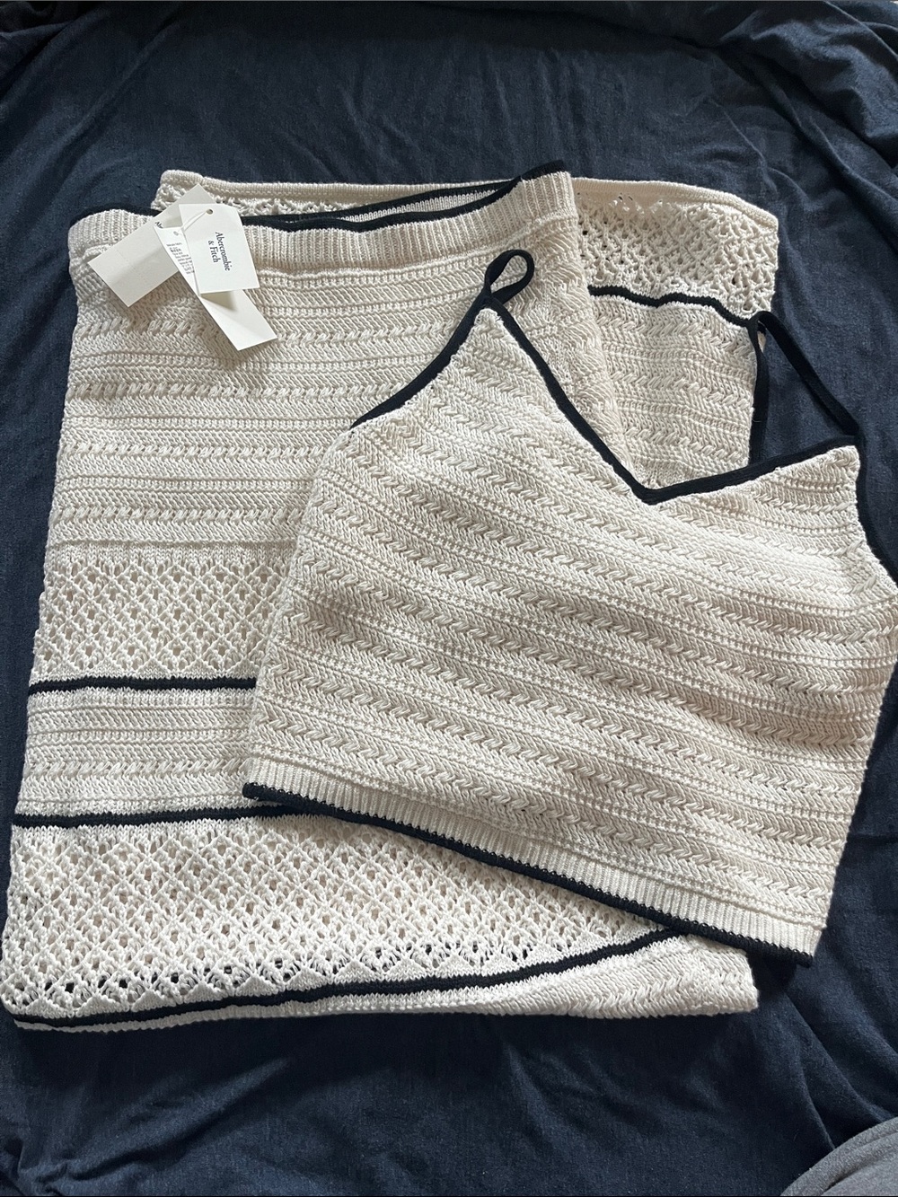 Abercrombie Cream Knit Crop Cami & Skirt with Black Trim